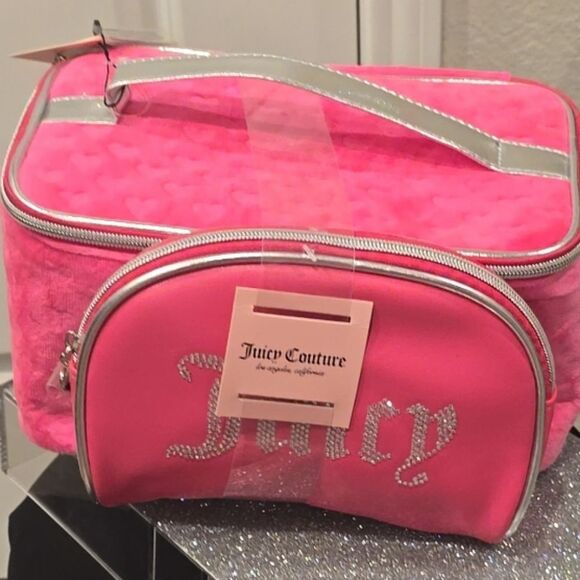 Juicy Couture Rhinestone Logo Heart Printed Velour 2PC Teavel Traincase - Picture 4 of 5